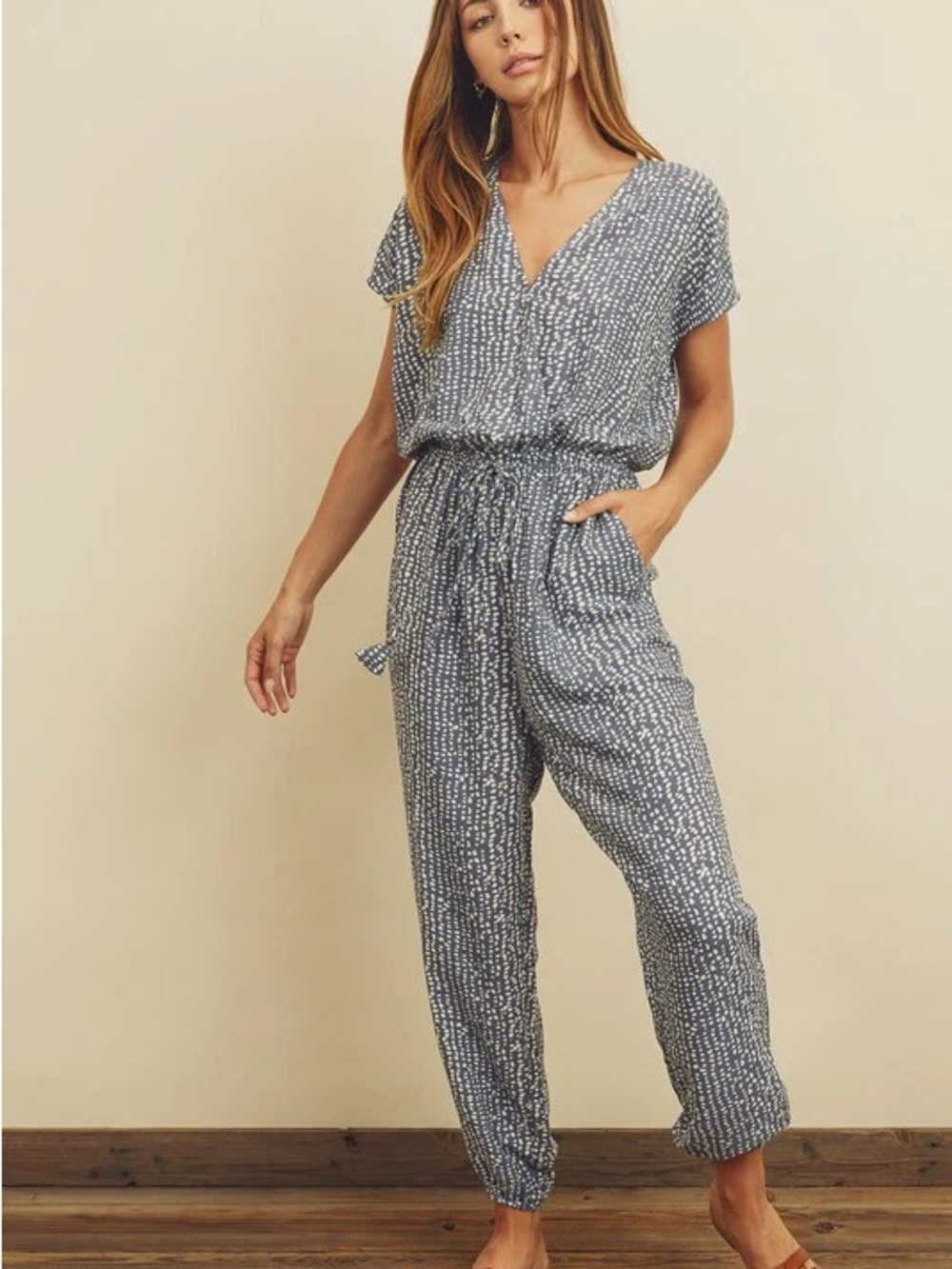 Dress Forum Blue Printed V-Neck Drawstring Jumpsuit
